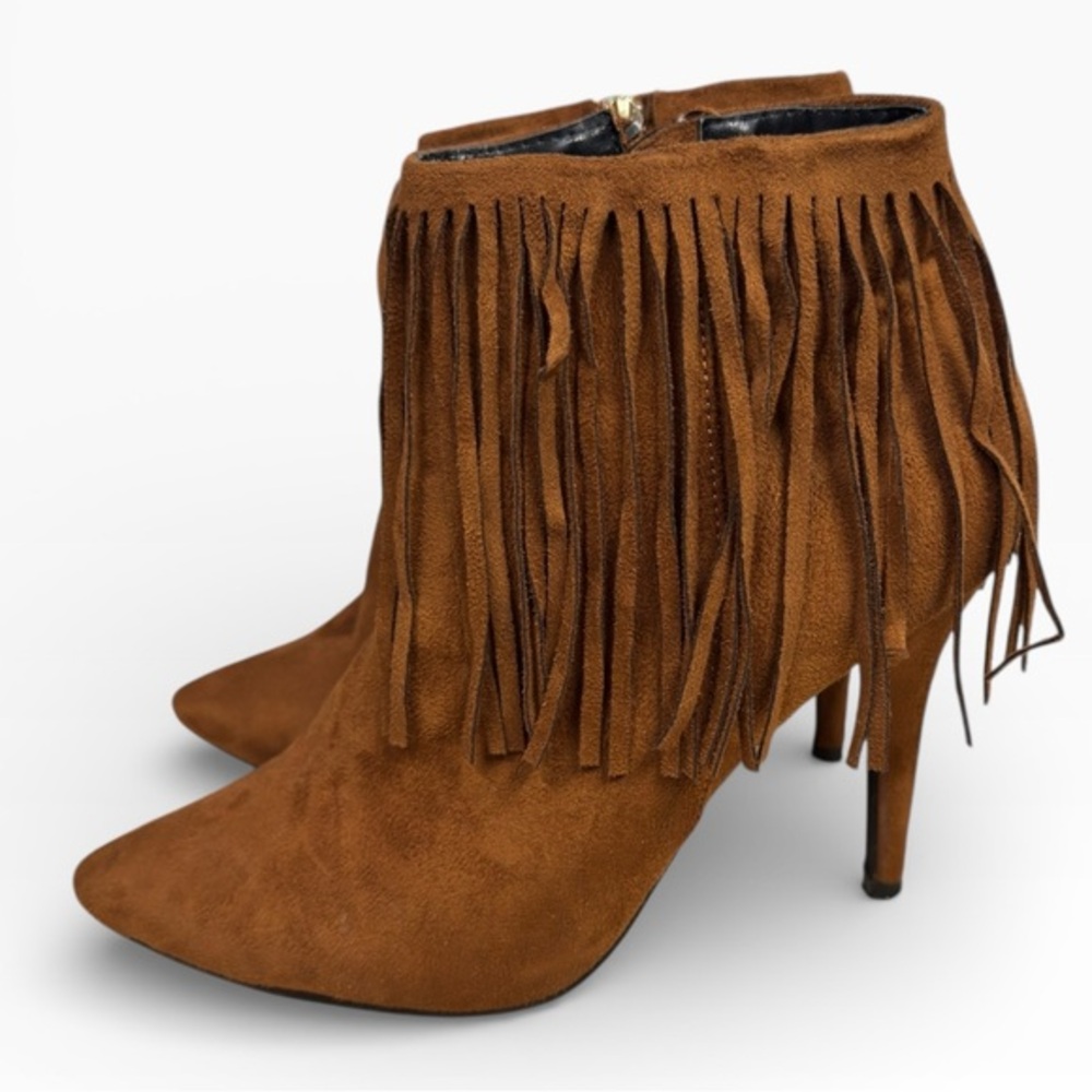 Adriana New York Brown Fringe Ankle Booties Womens US 9 Western Heel Boots